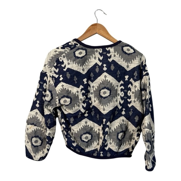 Zara Women's Jacket Blazer Linen Blend Boho Blue Cream Aztec Open Front Small - Picture 2 of 5